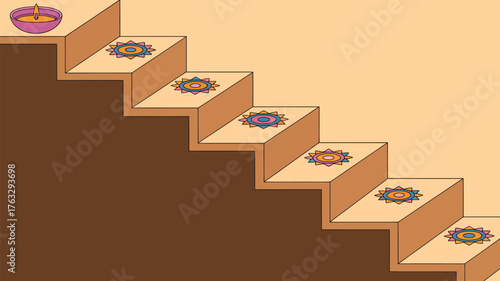 Illustration of stairs decorated with rangoli patterns and a diya on the top step in cartoon style