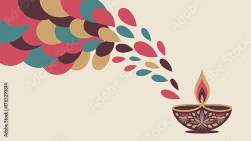 An illustration of a diya with colorful teardrop shapes emanating from the top left corner design