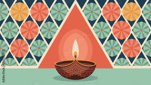 A white toy wagon with small wheels and a flag on a colorful rounded tile floor in a cartoon style