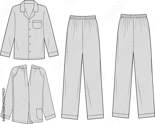 Pajama set vector illustration, front and back view, button top with pocket and elastic waist pants, fashion CAD drawing, sleepwear flat sketch