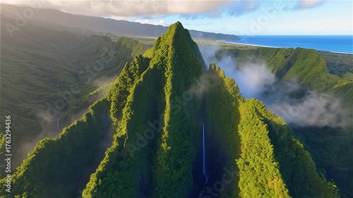 Montagnes tropicales verdoyantes avec cascades et océan en arrière-plan