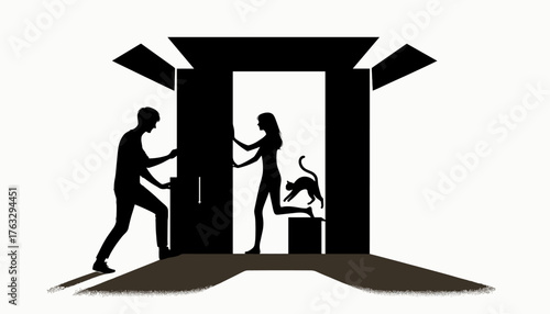 Silhouette of a couple with a cat at the open door in minimalist black and white style with copy space
