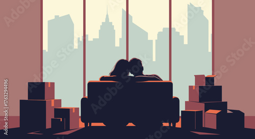 Silhouette of a couple embracing on a couch with unpacked boxes against a city skyline in minimalist illustration for first apartment with copy space