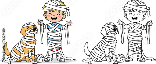 Happy Boy and Dog Dressed as Mummies - Fun Halloween Coloring Page