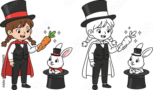 Cute Girl Magician with Rabbit and Carrot - Magic Show Coloring Page