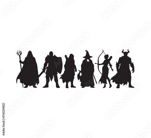 Silhouette Fantasy Characters A Diverse Group of Adventurers in a Black and White Illustration