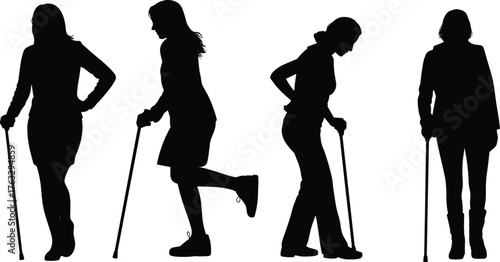 People with cane silhouettes, mobility aid posture vector, walking support illustration, rehabilitation concept, elderly lifestyle design, physical therapy body movement