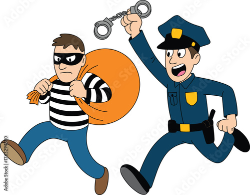 Police chasing thief cartoon, crime prevention illustration, law enforcement vector, justice concept art, dynamic action scene, safety awareness, security design