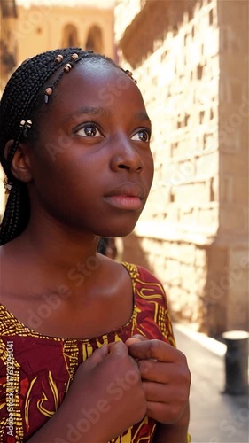 Jeune fille africaine pensive dans une rue ensoleillée