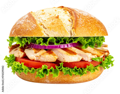 Close-Up of Chicken Sub Sandwich, Front View, Layered Ingredients Visible, Isolated on Transparent Background