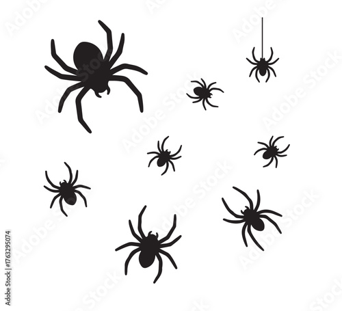 Creepy Crawlies Silhouette of Spiders for Halloween with Eight Legs, Spooky Decoration, and Isolated on White Background