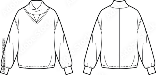 Pullover blouse vector illustration, front and back view, fashion CAD drawing, long sleeve draped V‑neck design, stylish apparel flat garment sketch
