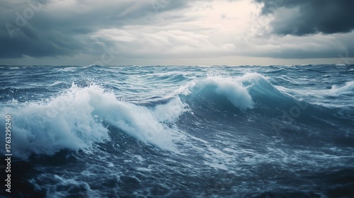 Dramatic, choppy waves crashing in a stormy sea with a cloudy sky.