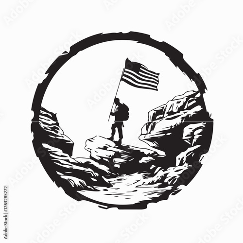 American Soldiers Raising Flag on Mountain Silhouette Vector