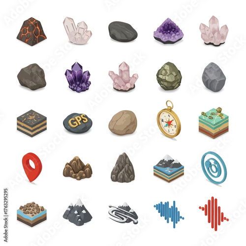 A collection of isometric icons representing rocks, minerals, geological formations, and geographical locations, perfect for educational and informational content
