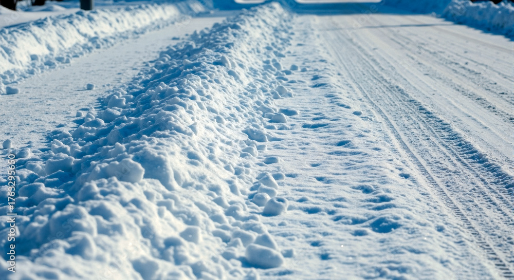Obraz premium A close-up of a fresh, loose snowdrift and tire tracks on a winter road after clearing, illuminated by the sun.