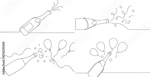 A set of Champagne bottle opening one continuous line art, Vector illustration, One line art, Line art graphic style