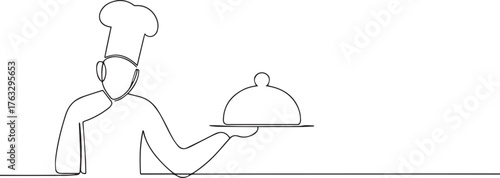 Chef serving dishes one continuous line art, Vector illustration, One line art, Line art graphic style