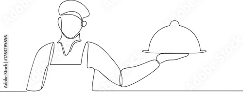 Chef serving dishes one continuous line art, Vector illustration, One line art, Line art graphic style