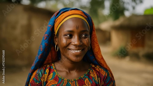 Young Fulani Muslim woman from Nigeria, with facial tattoos and bright traditional clothing, looking at the camera.