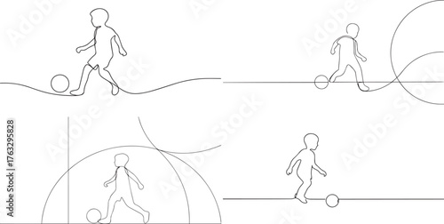 A set of boy playing football one continuous line art, Vector illustration, One line art, Line art graphic style