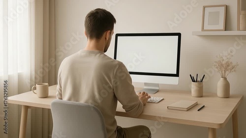 Man working on computer in minimalist home office with natural lighting. Mockup computer screen.