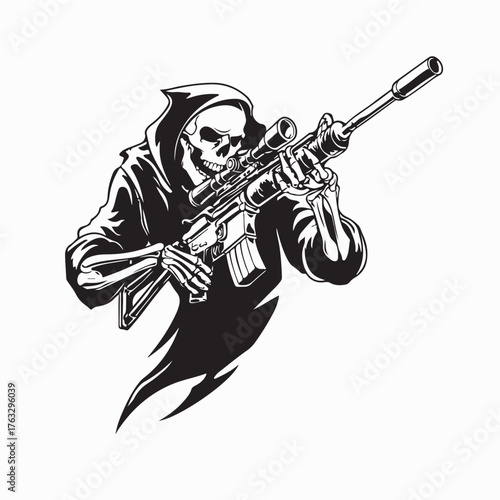 Skeleton Sniper in Hooded Cloak Vector Design on white background