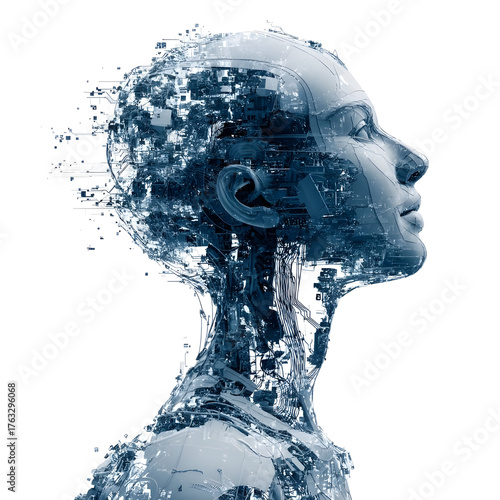 Abstract futuristic human head dissolving into digital circuits and particles against a white background