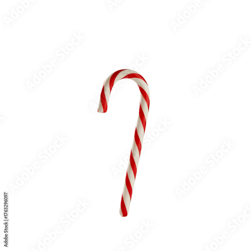 A classic red and white striped candy cane on a transparent background. Ideal for holiday-themed designs and decorations.
