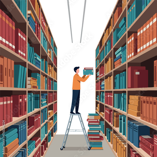 Library staff member carefully organizes a towering aisle of colorful books using a small rolling ladder in a vibrant 2D flat vector illustration.