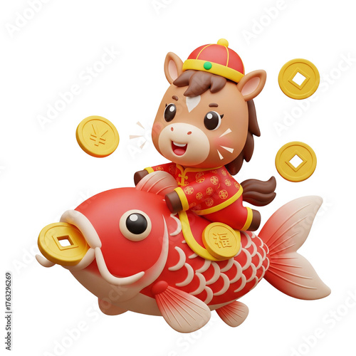 Cute 3D Zodiac Horse Riding Red Koi Fish with Gold Coins - Chinese New Year Mascot