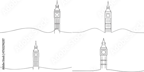A set of Big Ben Tower one continuous line art, Vector illustration, One line art, Line art graphic style