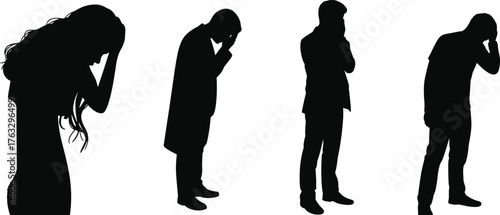 Sad human silhouettes, stressed posture, worried figure, emotional body language, mental health concept, depression illustration, anxiety vector, psychological study design
