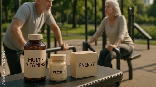 Senior couple exercises outdoors with energy supplements and multivitamins standing on a table in park setting