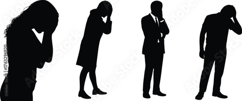 Sad people silhouettes, emotional stress posture vector, worried man woman figure, depression concept art, mental health illustration, body language design