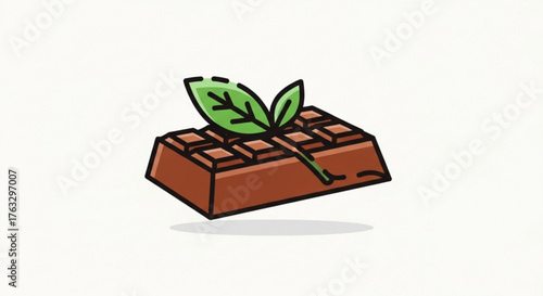A delectable chocolate bar adorned with a vibrant green leaf, , a perfect indulgence for any chocolate lover