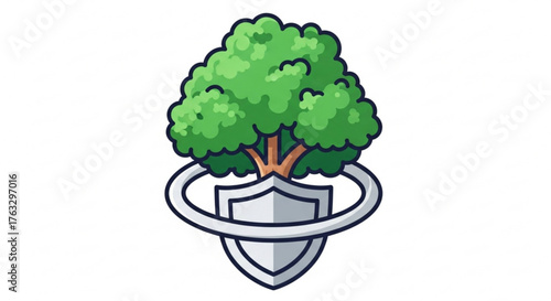 A protective shield with a vibrant tree, , symbolizing environmental conservation and ecological security