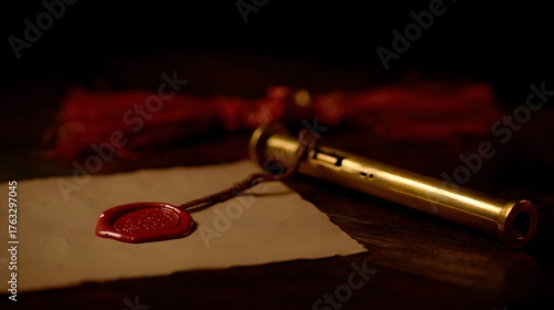 whistle. A broken wax seal and a single whistle on a wooden surface, dramatic lighting. event programs, museum guides, designed for cultural heritage projects and event programs, used by teachers.