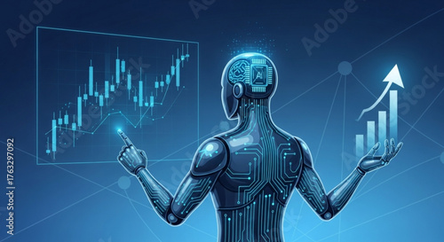 Aipowered financial analysis and investment strategy isolated on blue background concept of artificial intelligence in stock market trading
