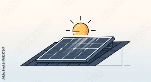 Solar panel on a roof with sun, representing sustainable energy and ecofriendly home solutions for a greener future