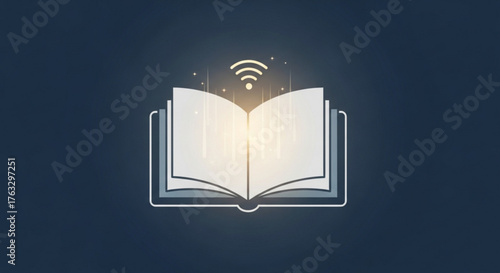 An open book with a glowing wifi symbol above it, symbolizing online learning and access to digital information and knowledge