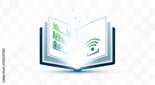 An open book with a wifi symbol and graph, symbolizing online learning and access to digital information and knowledge