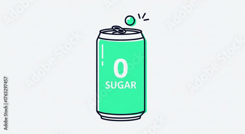Illustration of a green soda can with zero sugar refreshing and healthy drink with no added sugars