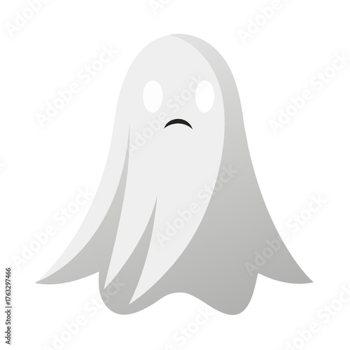 a cute ghost in white and gray tones with a simple sad or frowning expression indicated by a curved line for the mouth.