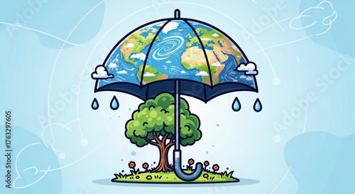 Earth under umbrella illustration, symbolizing protection of the environment and the planet