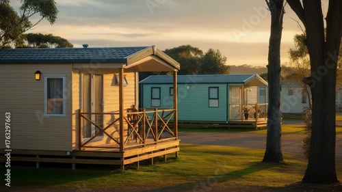 Tranquil sunrise over cozy cabins in scenic woodland retreat.