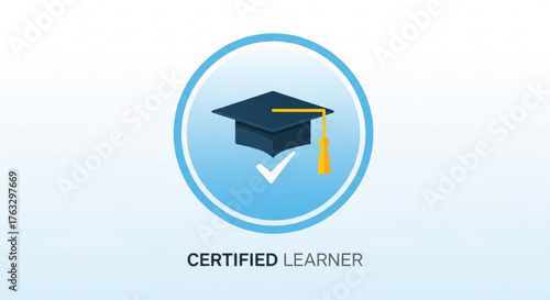 Certified learner badge, showcasing a graduation cap and checkmark, representing successful completion of a learning program