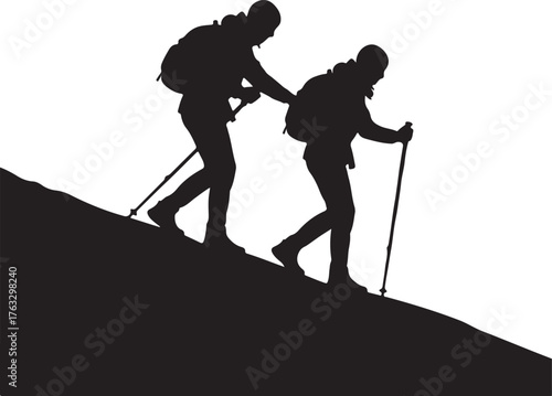 Hikers ascending steep terrain climbing trekking