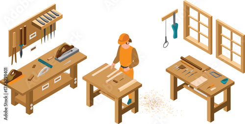 Isometric 3D illustration of a woodworking workshop with carpenter, tools, benches, saws, and wooden planks for craftsmanship design