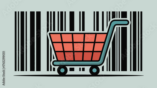 A shopping cart with flags on a checkered background in shades of green purple and beige colors